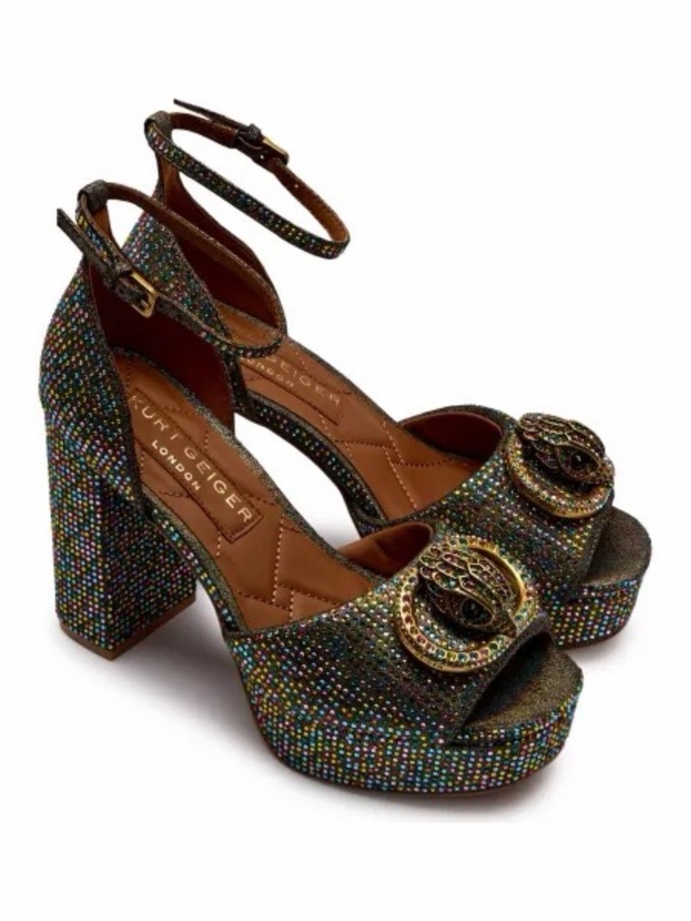 Kurt Geiger Multicolored Crystal Platform Sandals with Gold Buckle